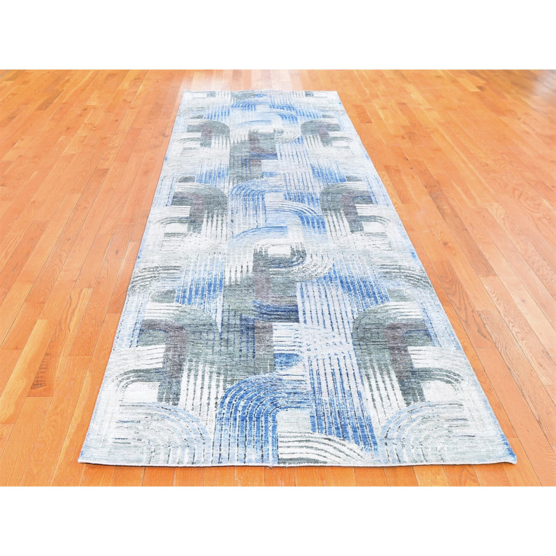 Tapis de couloir gris noué à la main de conception unique 4 pi x 12 pi 5 po Mengiste