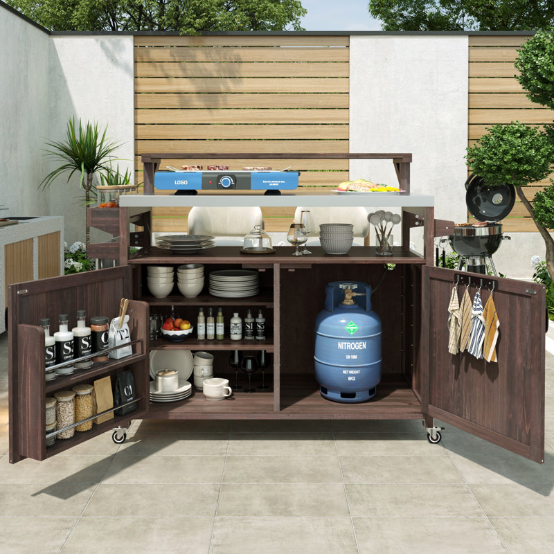 Orlith 53.3" Outdoor Rolling Grill Cart Potting Bench Table With Adjustable Shelf, Brown
