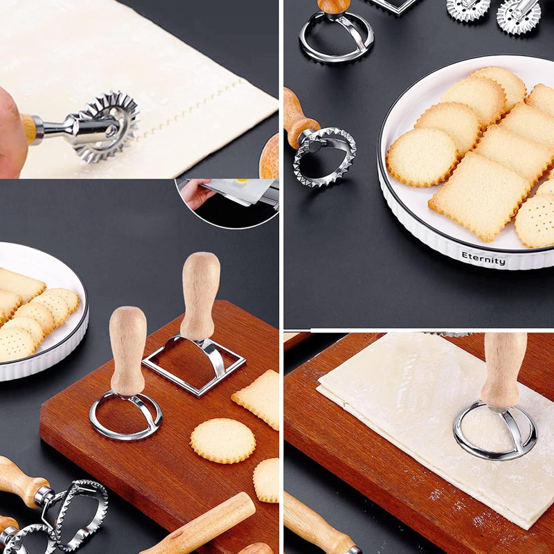 Ravioli Maker Stamp Cutter with Roller Wheel Set, Wooden Handle Fluted Edge Pasta Mold, for Pasta, Dumplings, Lasagna, Pierogi, 3 Pack