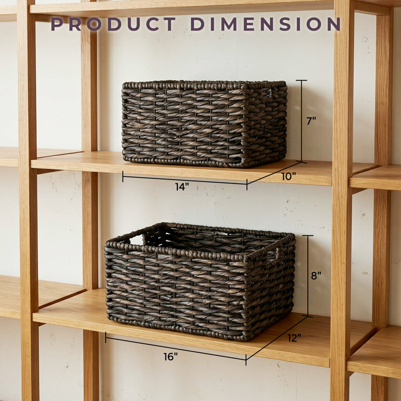 DTX Intl Set of 2 Rectangle Handmade Twisted Wicker Baskets - Hyacinth Seagrass Nesting Storage and Organization Bins with Handles