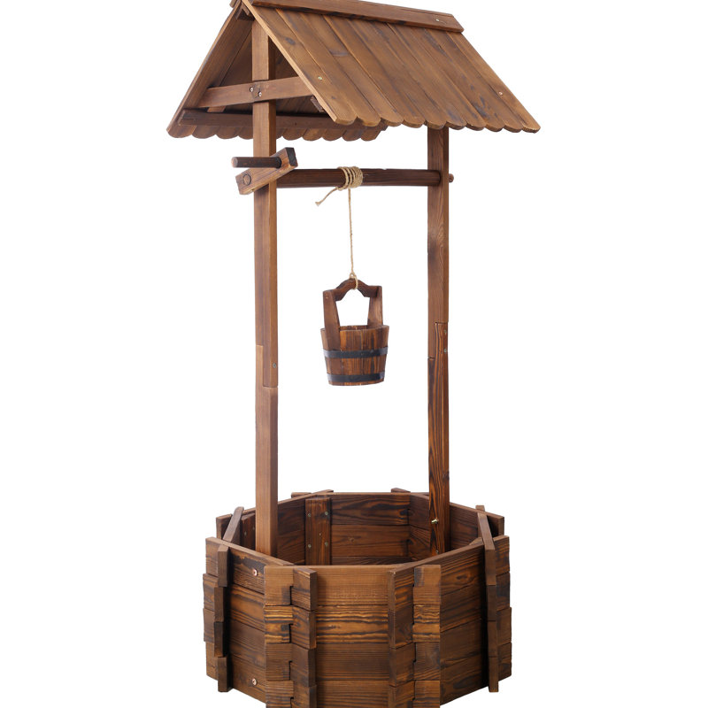 Wooden Rustic Wishing Well Planter For Garden And Yard With Hanging Bucket Shade Fascination, 25X25x53 Outdoor & Element, Brown