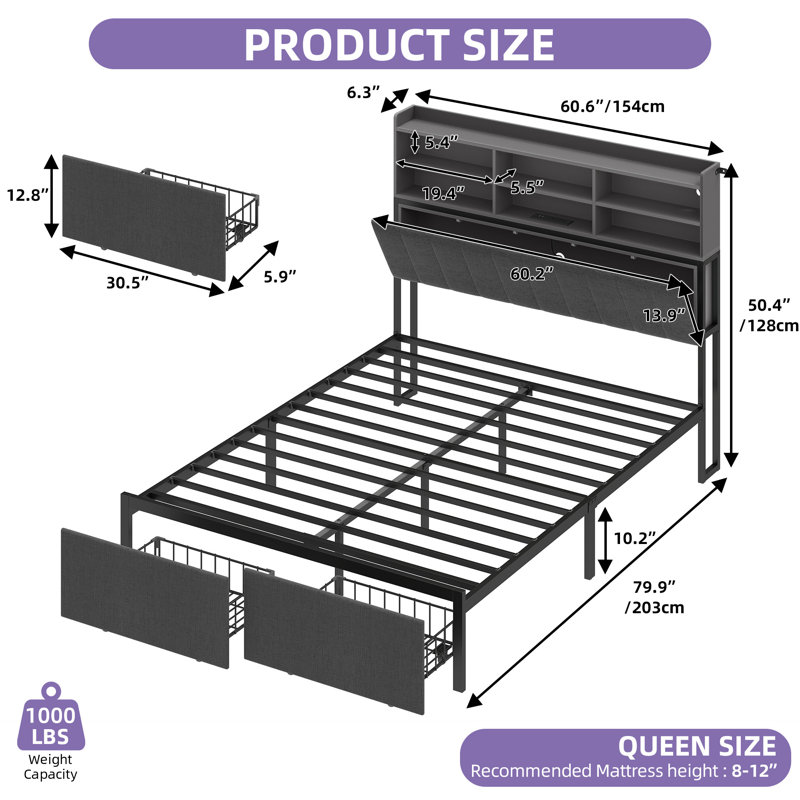  Upholstered Platform Bed with Storage Footboard, Gray