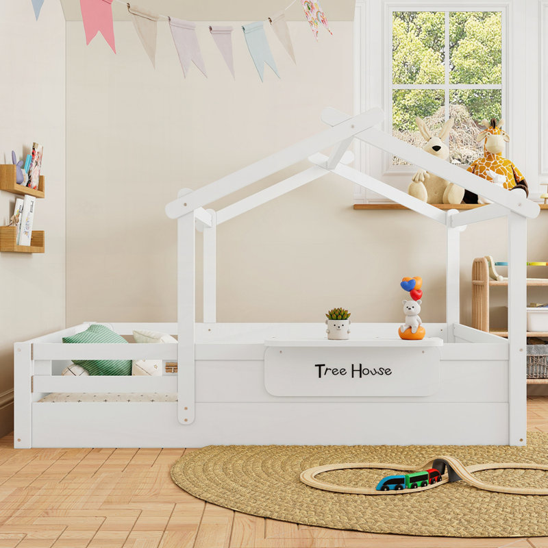Floor Bed With Guardrails And Roof, White, Full