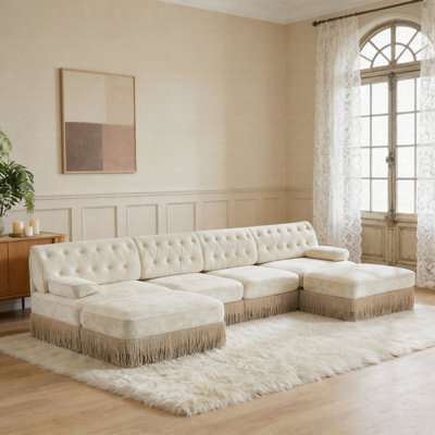 Canapé modulaire 4 places avec 2 repose-pieds, canapé Chesterfield en velours capitonné et jupe à franges
