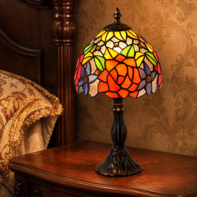 Andrea Tiffany-inspired Table Lamp With Glass Mosaic – 15" Art Nouveau Stained Glass Bedside Lamp With Floral Pattern And Bronze-finished Base