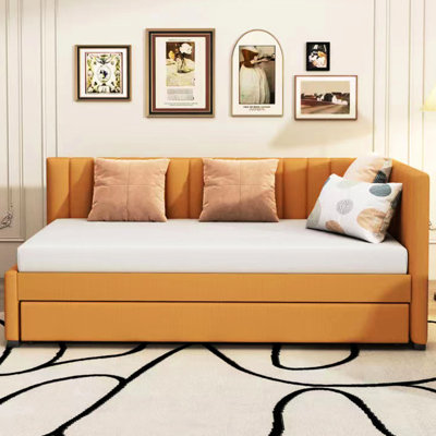 Lit de jour simple rembourré en lin jaune avec lit gigogne robuste, sans sommier tapissier jaune