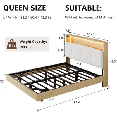 Structure de lit grand format avec tête de lit tapissier en velours à 2 niveaux, structure de lit plateforme en bois avec station de charge et lumières à DEL, naturel