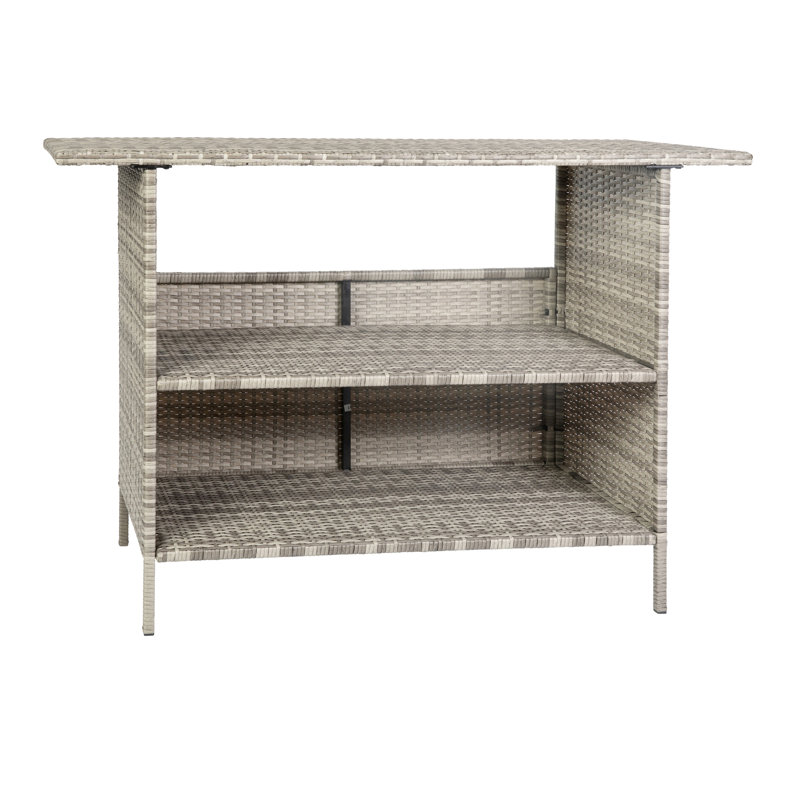 Rimah Rectangular Indoor/Outdoor Wicker Rattan Patio Bar Counter Table with Two Shelves, Gray, Gray