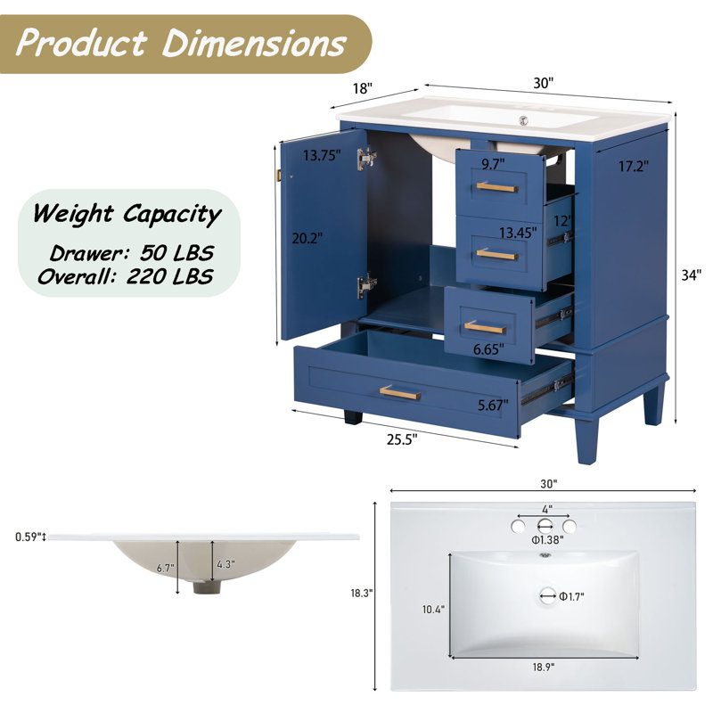 Nayelli Solid Pine Frame Bathroom Vanity with Ceramic Sink, Bathroom Storage Cabinet with 1 Silent Close Door and 3 Drawers