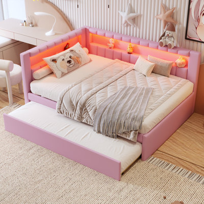 Upholstered Full Size Platform Bed with USB Ports and LED Belt - 80.7 inch x 59 inch x 38.8 inch - Upholstered,Wood - Platform Bed - Pink - with Trundle and with Slide