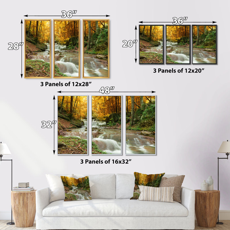 Forêt, cascade avec arbres jaunes - ensemble d'art mural sur toile encadré paysage, H 32 po x l 48 po, Noir, noir, noir, noir