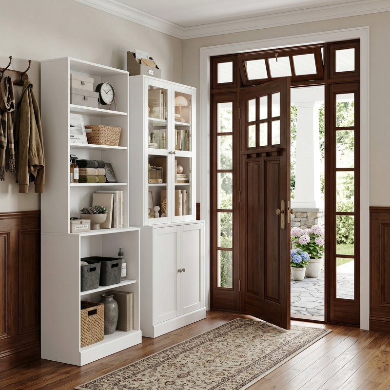 Ensemble 2 pièces d'armoire et bibliothèque en verre, unité de rangement multi-usage pour bureau personnel, White