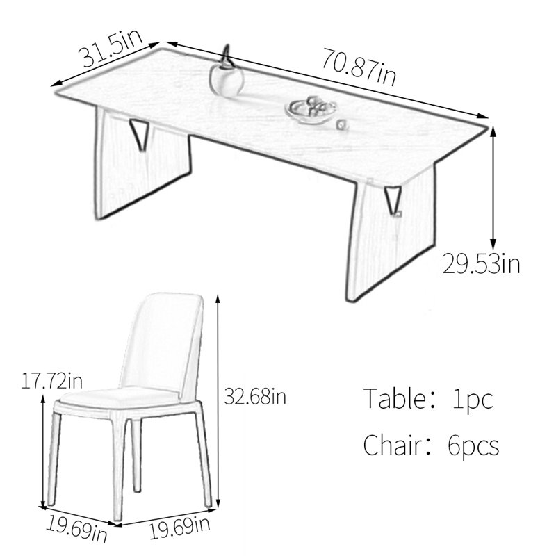 Ensemble de table de salle à manger en pierre frittée rectangulaire, H 29,53 po x L 70,87 po x l 31,5 po