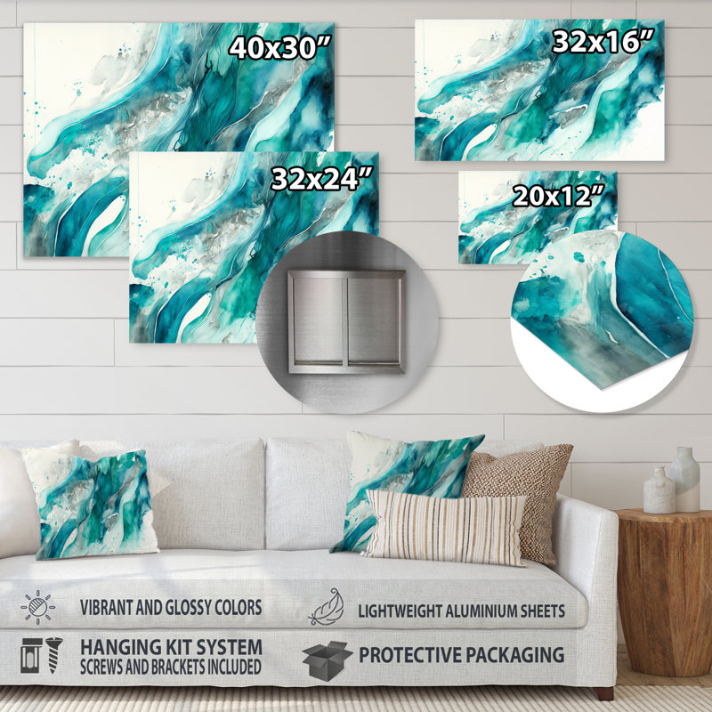 Turquoise Waves In Paradise I - décoration murale abstraite à l'encre liquide en métal, H 12 po x l 20 po x P 1 po