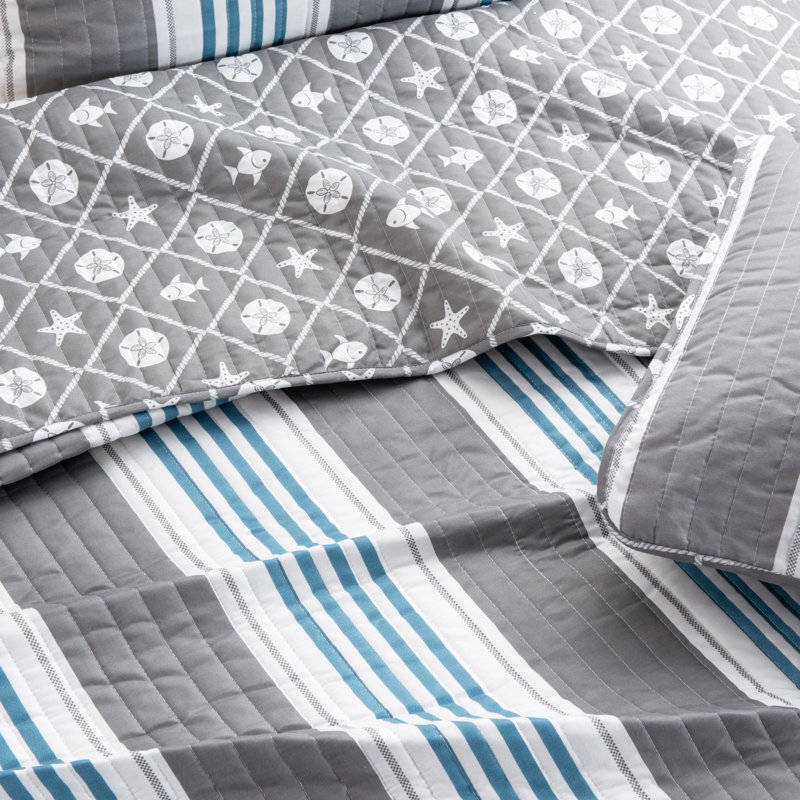 Twin Blue and Gray Reversible Microfiber Quilt Set