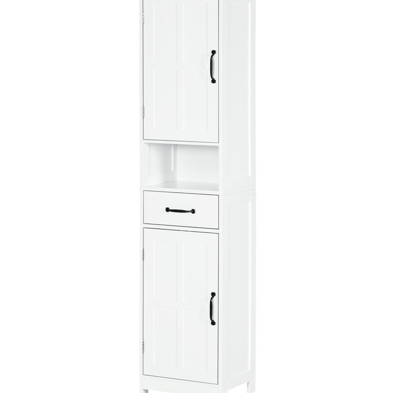 Armoire de salle de bain en lin - grande et mince avec tablette ouverte, tiroir, portes encastrées et tablettes réglables, rangement blanc