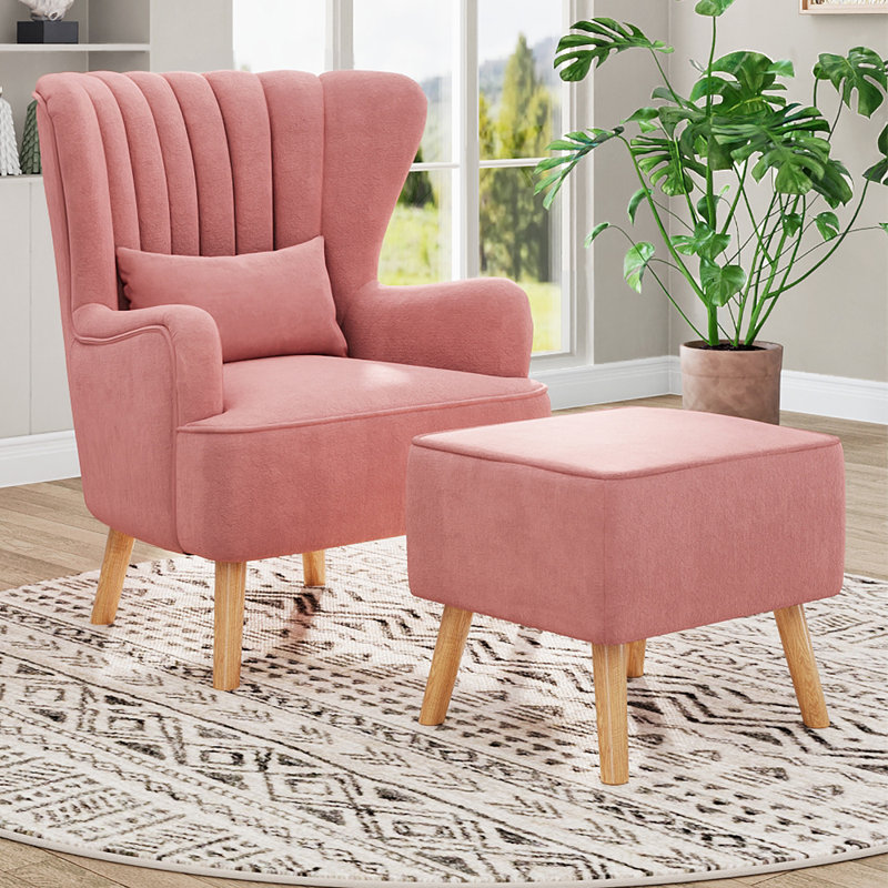 Tybalt Velvet Wingback Chair with Footstool, Pink
