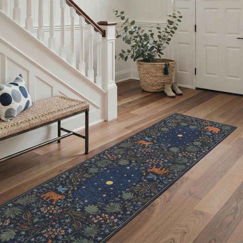 Tapis bleu marine rétro lavable à la machine avec envers antidérapant, Tapis de couloir de 2 pi x 7 pi