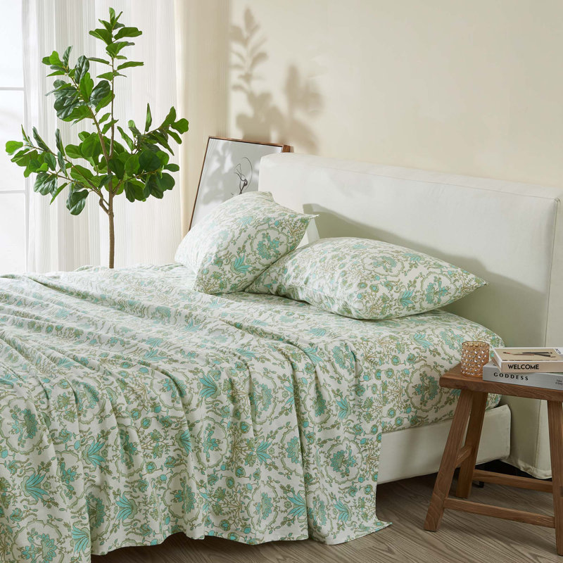 Ensemble de draps 100% coton, Ensemble de draps pour lit double + un drap-housse, Floral géométrique - turquoise