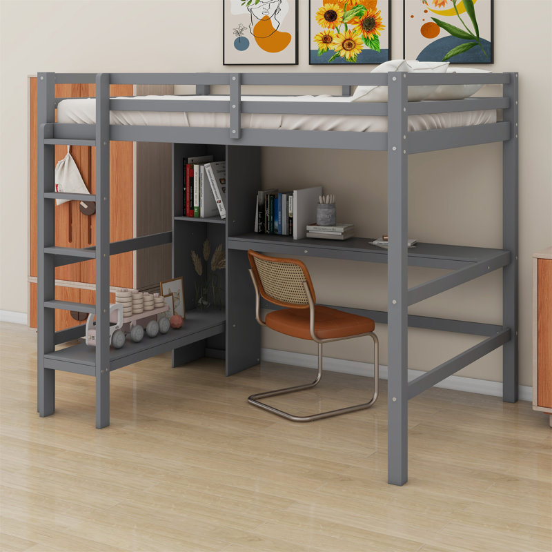 Lit mezzanine avec tablettes multifonctionnelles et bureau sous le lit, Gris