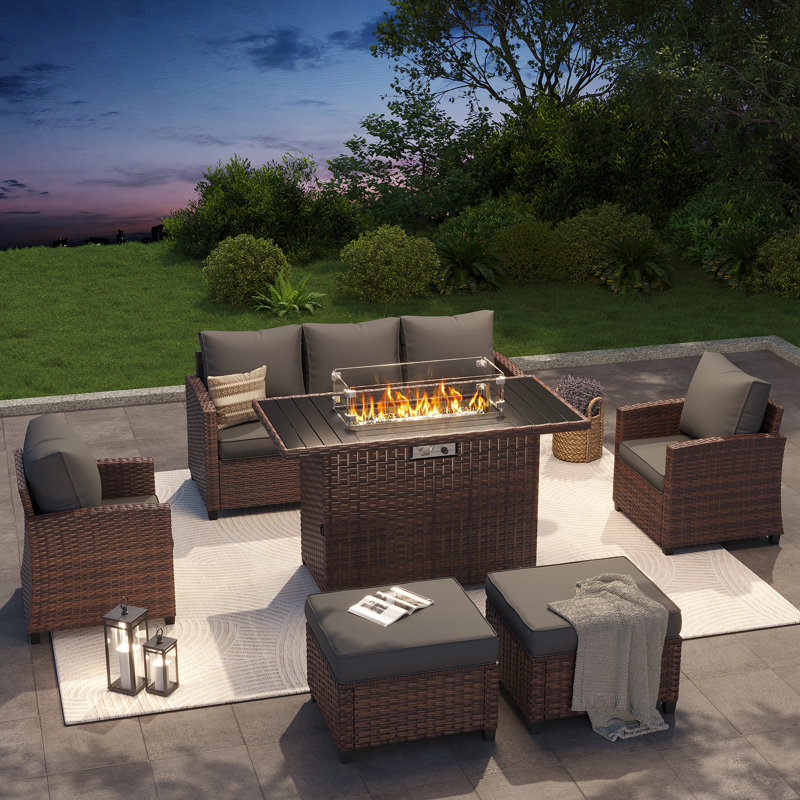 Samya 7 - Person Outdoor Conversation Sets All-Weather Firepit Seating Group With Cushions, Gray/Brown