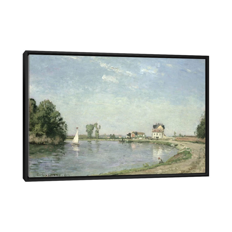 «At the River's Edge, 1871» par Camille Pissarro, reproduction sur toile, H 18 po x l 26 po x P 1,5 po, Toile encadrée noire