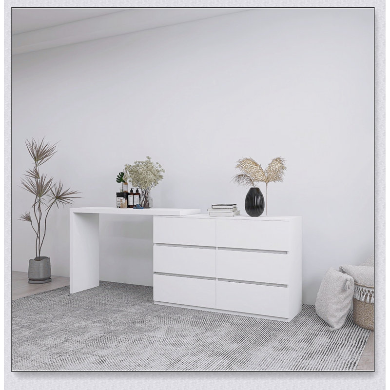 Commode 6 tiroirs à rallonge, sans poignée, meuble-lavabo blanc