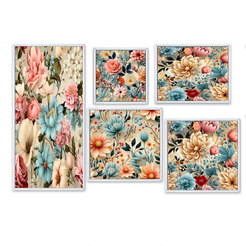 Pastel Shades Garden Delight - motif victorien - ensemble de 5 impressions sur toile florales, Cadre flottant blanc