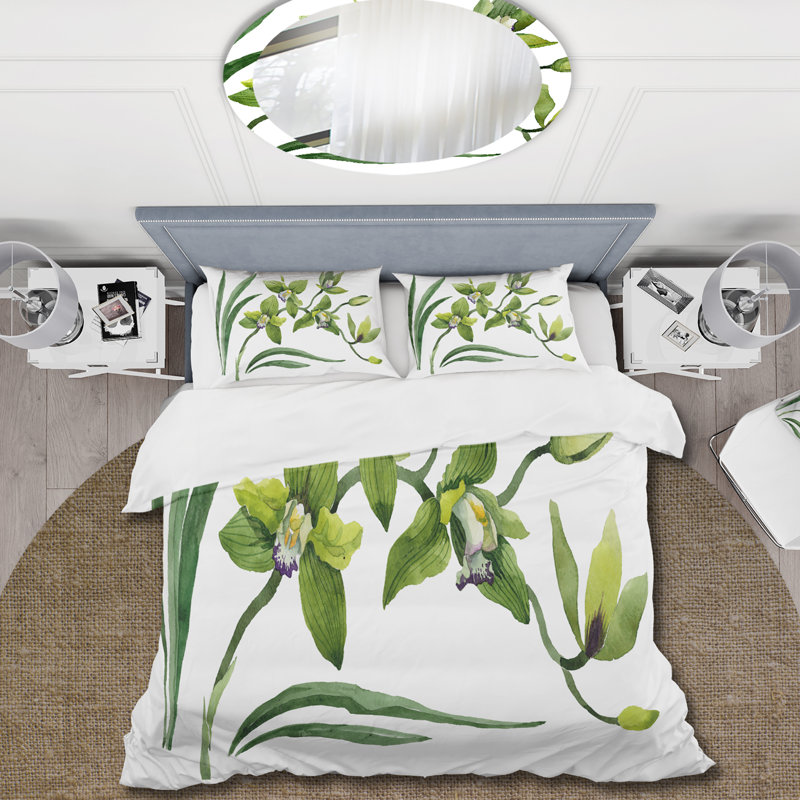 Fleurs d'orchidées vertes - ensemble de housse de couette traditionnel - microfibre de polyester