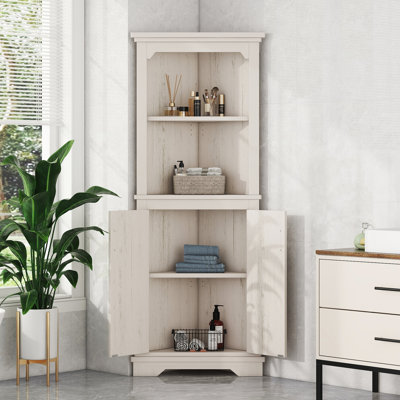 Tall Corner Cabinet with Doors for Living Room, Bathroom, Kitchen – Beige Storage Cabinet