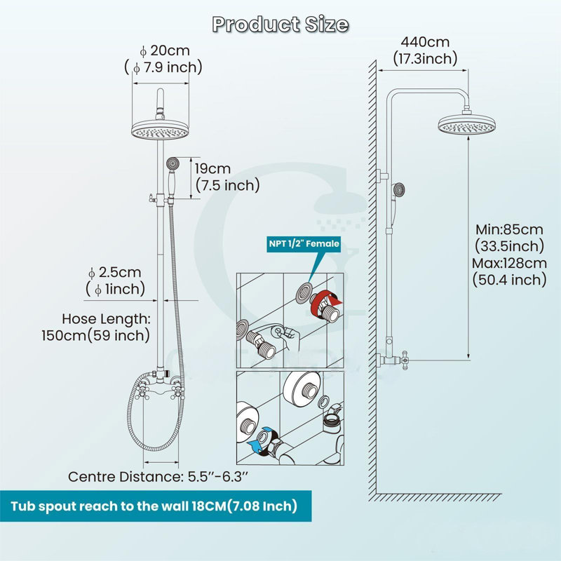 8-Inch Wall-Mounted Rainfall Shower Fixture Set with Handheld Spray, Brass Mixer, and Cross Handles – 2-Function Bathroom Shower System