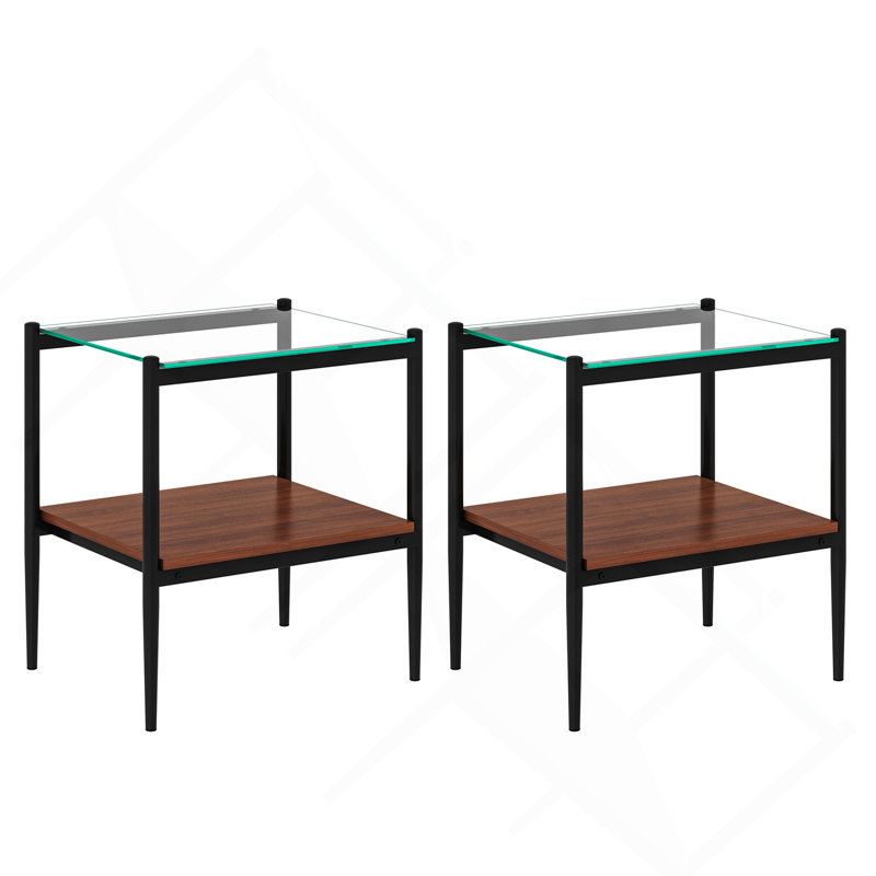 Set of 2 Modern Rectangle End Tables, Tempered Glass Top with MDF Layer, Clear Transparent Side Tables for Living Room