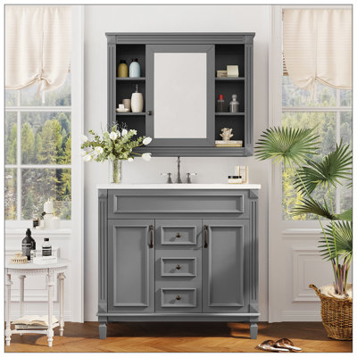 Meuble-lavabo de haute qualité de 36 po avec lavabo supérieur, armoire de rangement moderne, 2 portes à fermeture douce et 2 tiroirs, meuble-lavabo simple