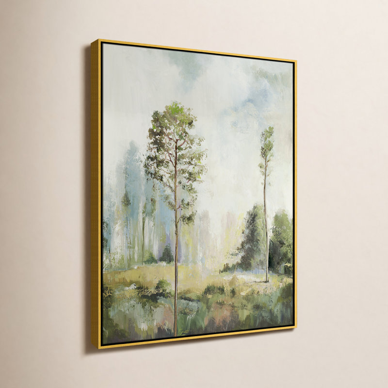 Teton Tall Green Trees I by Teton Pearce - Floater Frame Print on Canvas, 41.5" H x 31.5" W, Gold