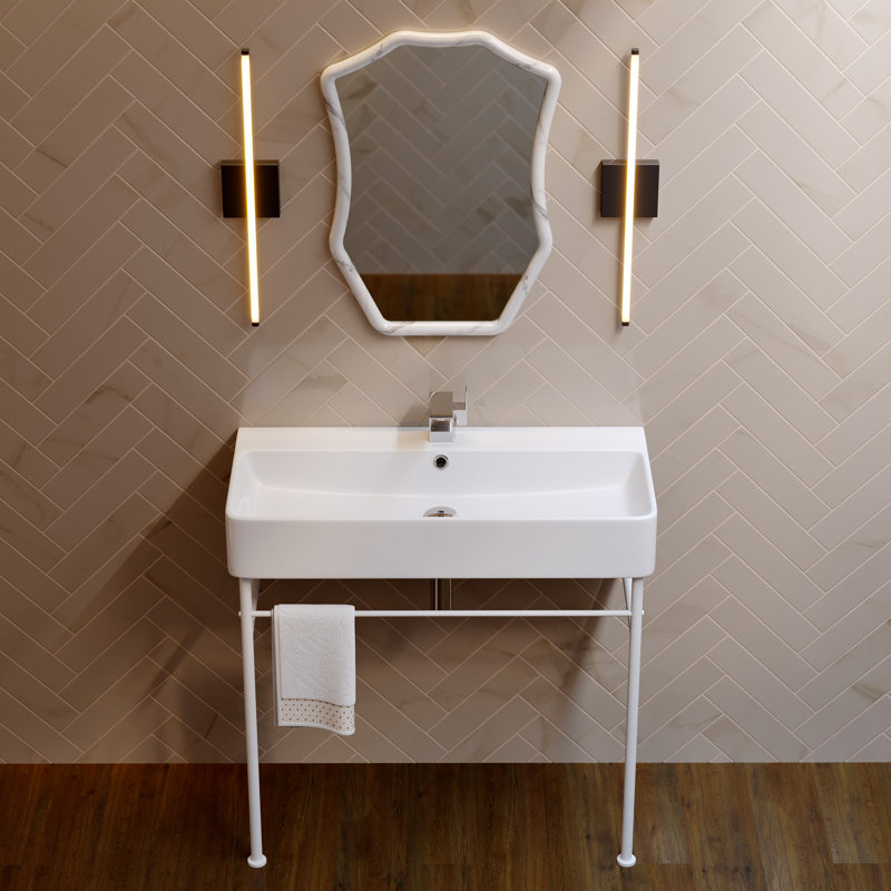 Lavabo console en céramique Claire, H 35 po x l 16 po x L 16 po, Lavabo blanc / pieds blancs