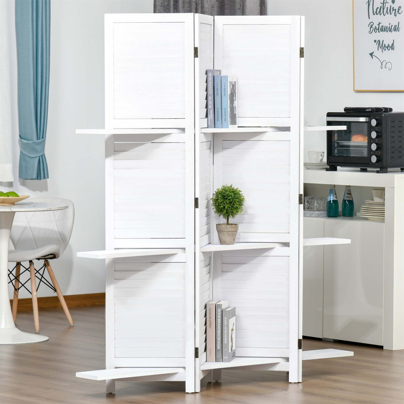Paravent en bois à 4 panneaux de 170 cm de hauteur avec 3 tablettes, rangement pliable pour chambre ou bureau à domicile