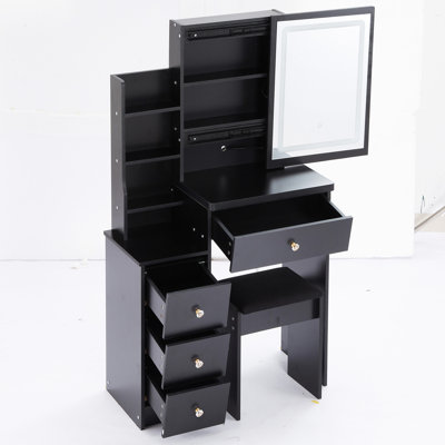Small Size Vanity Table With Switchable Led Mirror, Adjustable Brightness, Cushioned Stool, , Black, Space Efficient Ornament Black Touch-Control Intensity & Colour, For Spaces