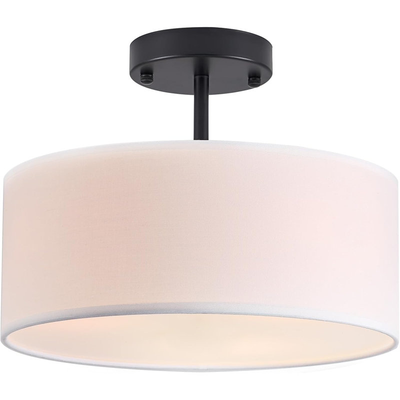 Plafonnier moderne semi-encastré - Abat-jour en métal noir et tissu blanc pour la chambre à coucher et la cuisine