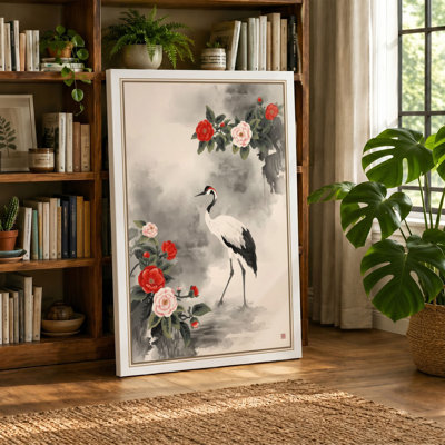 Crane Among Peonies Japandi 1 Piece Wrapped Canvas Wall Art