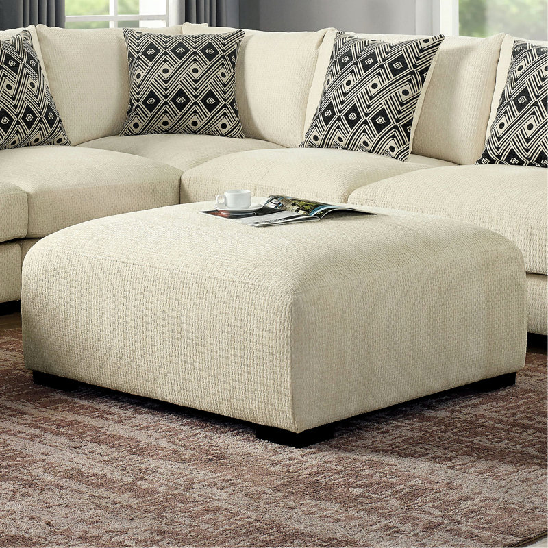 Chenille carrée contemporaine revêtue de beige avec couche de mousse à mémoire de forme et pieds fuselés en bois massif, largeur de 42 pouces de profondeur, 21 pouces de hauteur, configuration modulaire avec revêtement de style, couche supérieure, largeur
