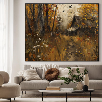 «Rustic Autumn Cabin Landscape Cozy Woodland Illustration Extra Large», reproduction d'art encadrée (assemblage requis)