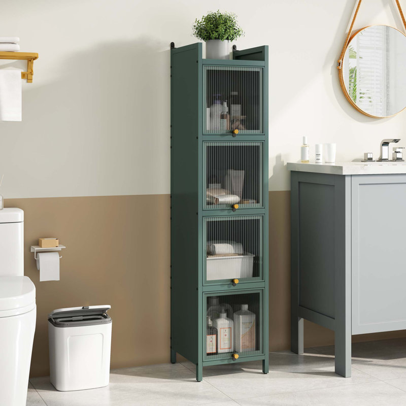 Modern Four-Tier Glass Door Cabinet With Featuring 5-Tier Storage, For Entryway Living Room Bathroom Dining Room, Dark Green