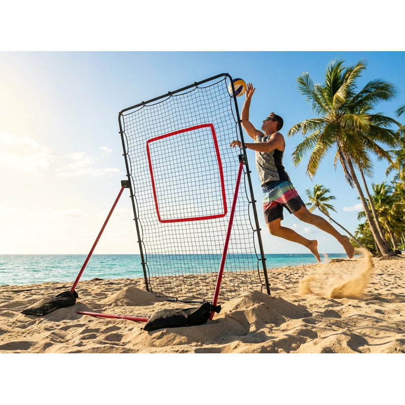 Filet de rebond de volleyball 7x4 pi - filet de rebond réglable pour l'entraînement multi-angles, pliable avec piquets de sol, rouge