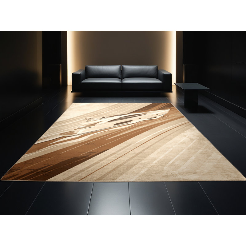 Machine Washable Vehicles And Transportation Luxury Yacht Posh & Luxe Rug in Beige – Beige Binding, 7x9