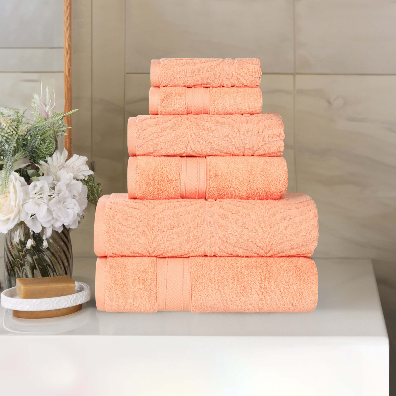 Amaretto 6-Piece Chevron Cotton Towel Set, Peach