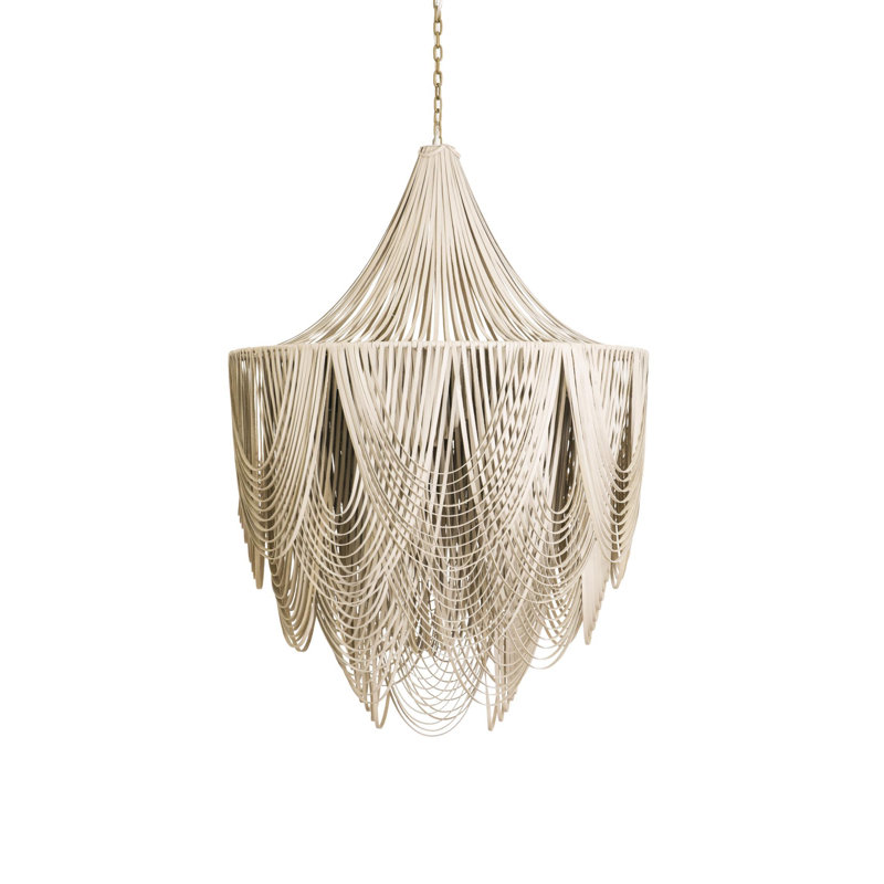 Large Leather Fringe Chandelier w/ Crown, 45" H x 32" W x 32" D, Cream