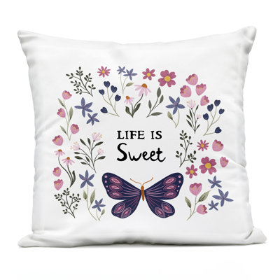 Life Is Sweet Floral Butterfly Outdoor Printed Pillow design by JJ Design House LLC