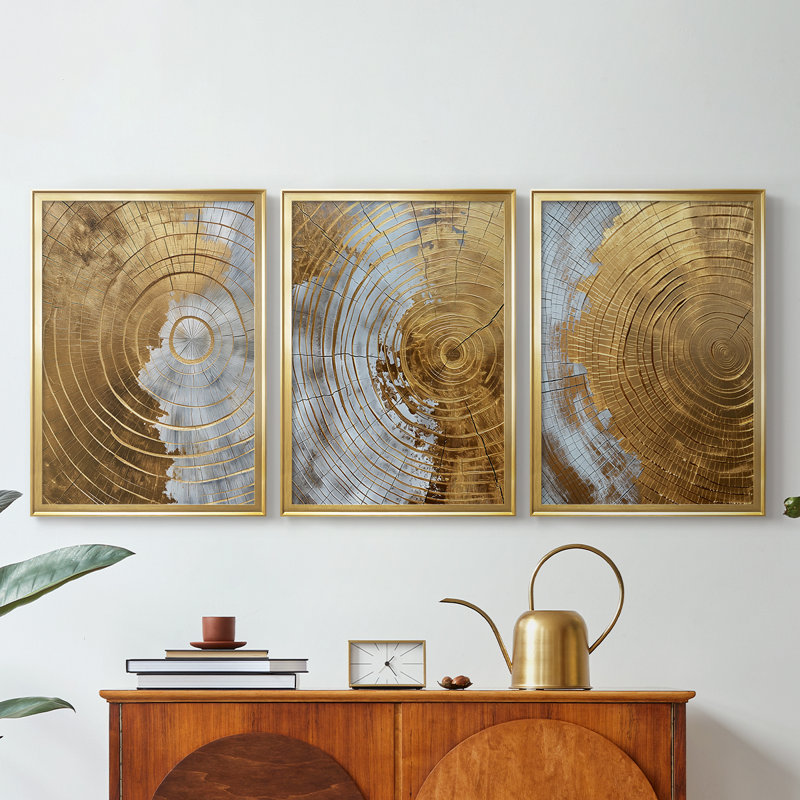 ABSTRACT Series CLIV - Toile tendue avec châssis sur mesure - 3 pièces, H 21 po x l 30 po, Doré