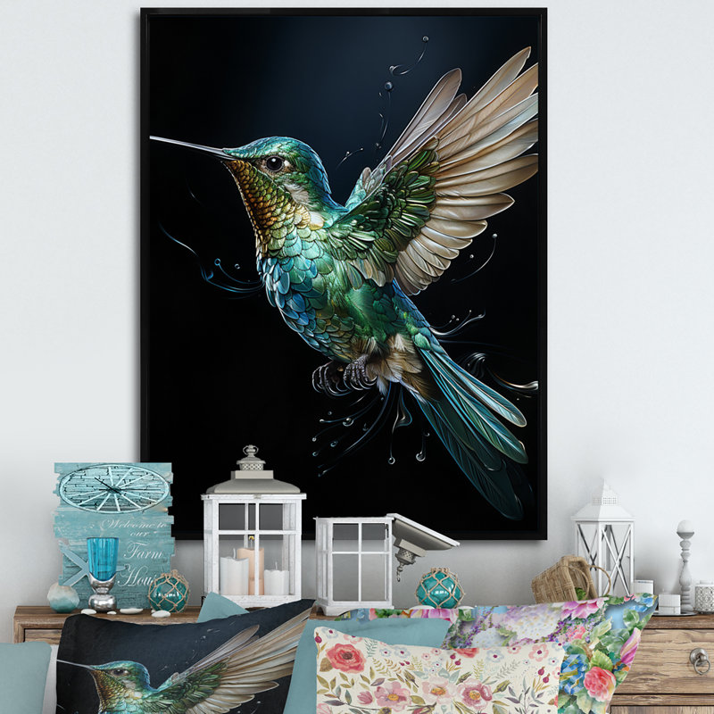 Woodleigh Teal Black Hummingbird Aérien Grace - Art mural colibri, H 32 po x l 16 po x P 1 po, Cadre flottant noir