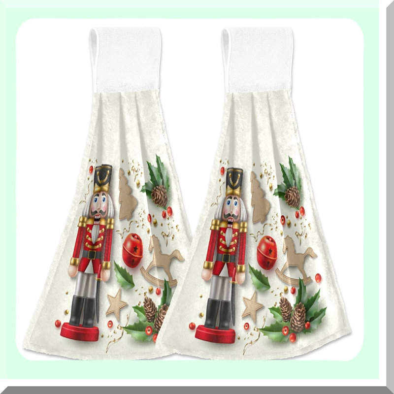 Nutcracker Holly Berry Soft Coral Velvet Hanging Hand Towels - Super Absorbent Kitchen & Bathroom Decor Set